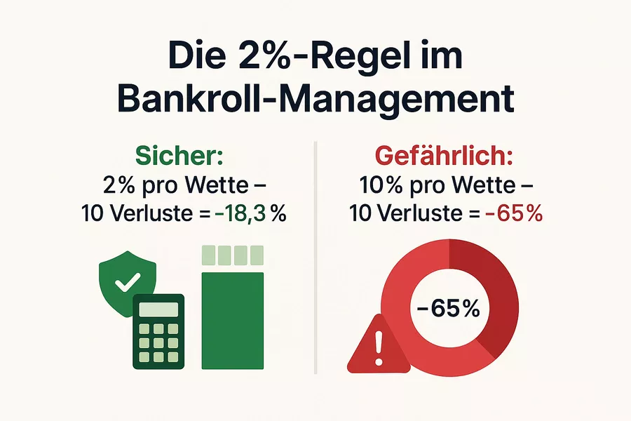 Infografik zur 2-Prozent-Regel im Bankroll Management - Vergleich zwischen sicherem und gefährlichem Wetteinsatz
