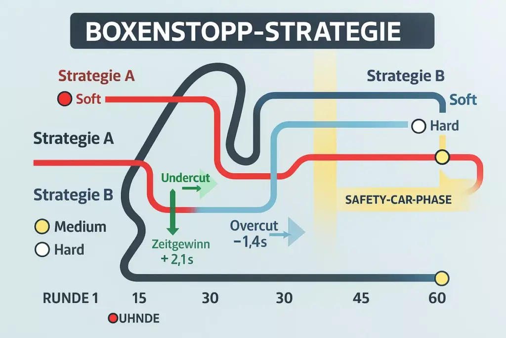 F1 Boxenstopp-Strategie Infografik - Undercut und Overcut Taktiken visualisiert