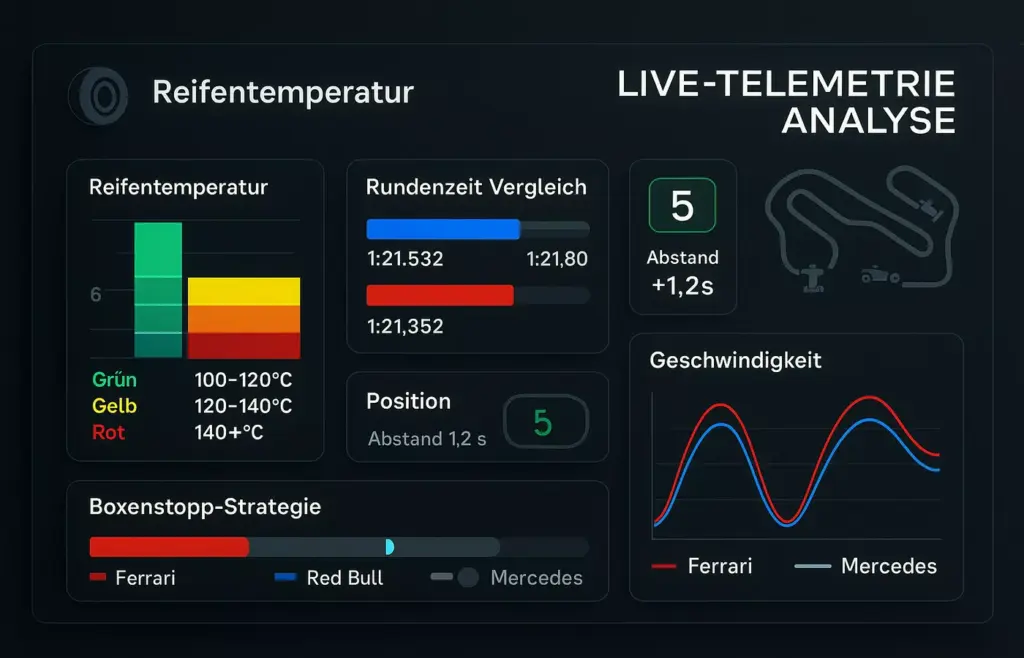 F1 Live-Telemetrie Dashboard mit Reifentemperaturen, Rundenzeiten und Echtzeit-Datenanalyse