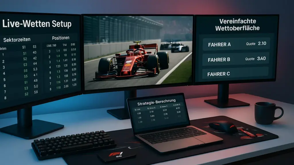Professionelles F1 Live-Wetten Setup mit drei Monitoren, Live-Timing und Wettplattformen