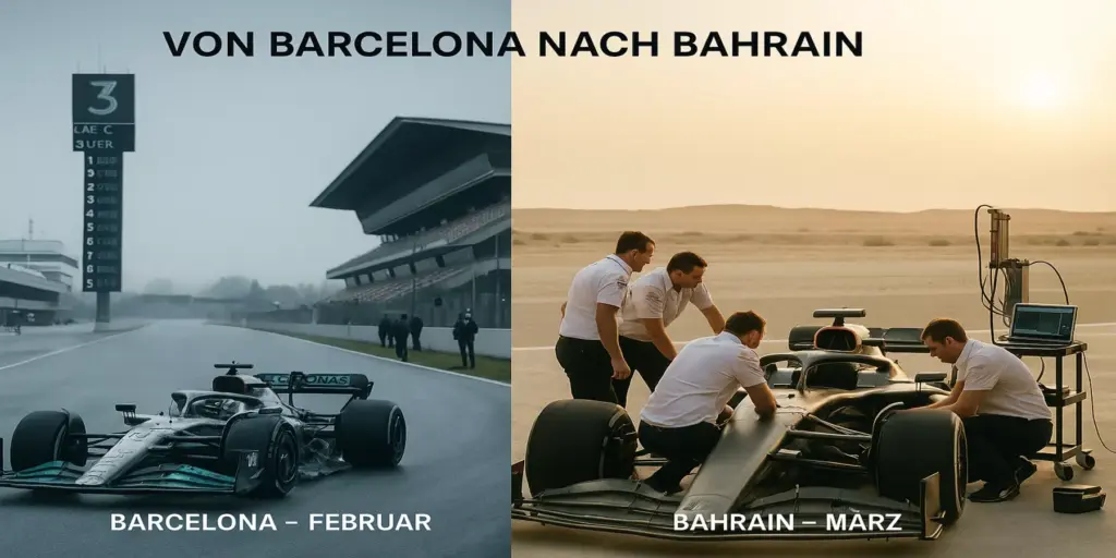 F1 Wintertests Timeline von Barcelona zu Bahrain mit Pre-Season Testing Bedingungen