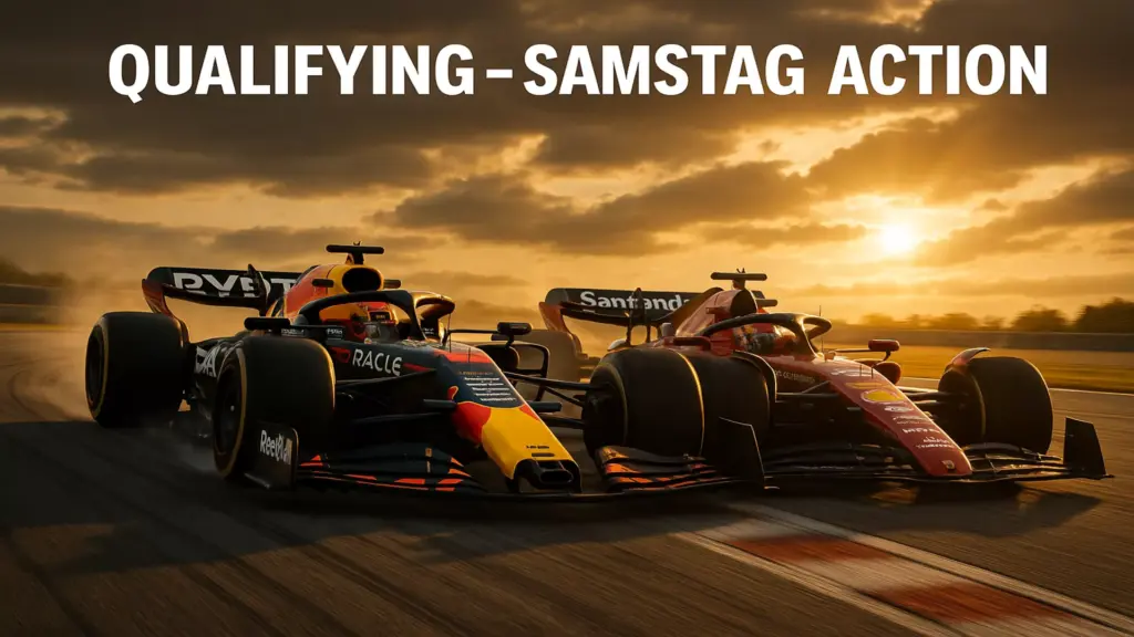 Formel 1 Qualifying Action bei Sonnenuntergang mit Red Bull und Ferrari Autos auf der Rennstrecke