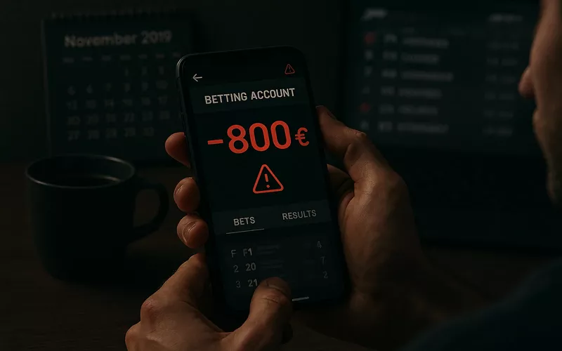 Wett-Konto Bildschirm mit 800 Euro Verlust im November 2019 zeigt die Gefahren von fehlendem Bankroll Management