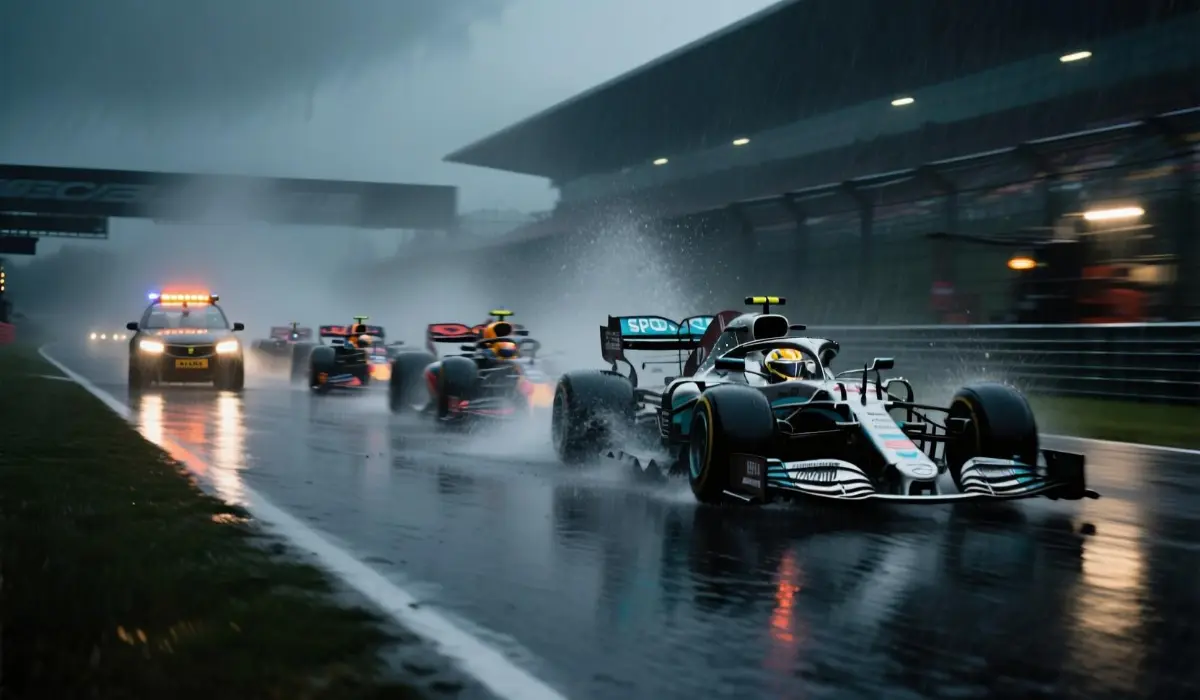 F1 cars racing in heavy rain conditions