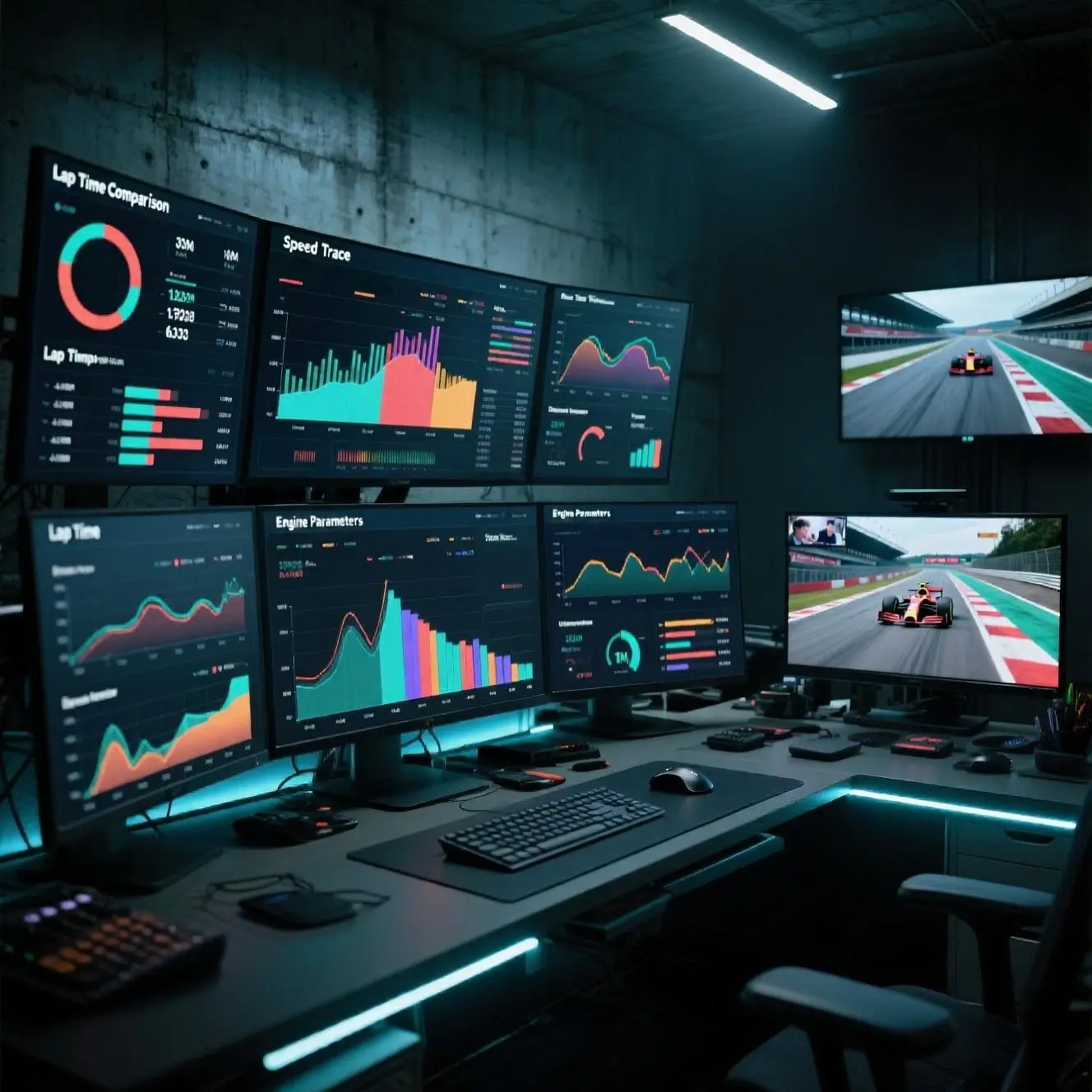 Multiple computer monitors showing F1 telemetry data and statistics