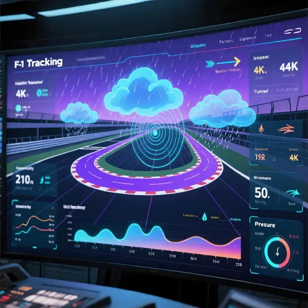 Weather radar screen showing approaching rain clouds over F1 circuit